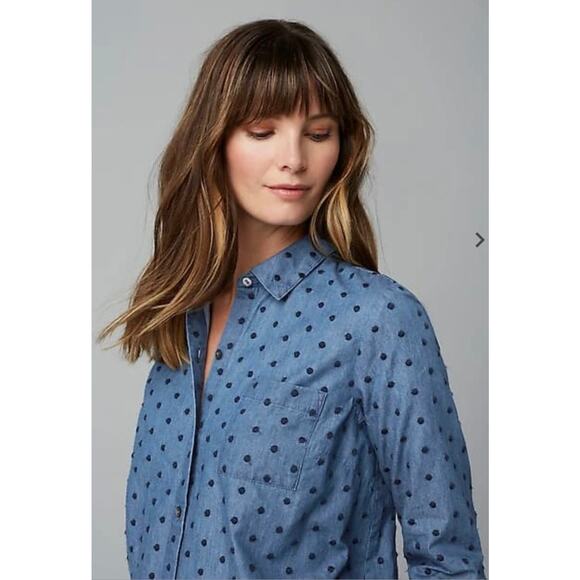 J Jill Denim Womens Button Up Shirt in Westerly Wash/Navy Blue Polka Dot Sz XS - Picture 10 of 16